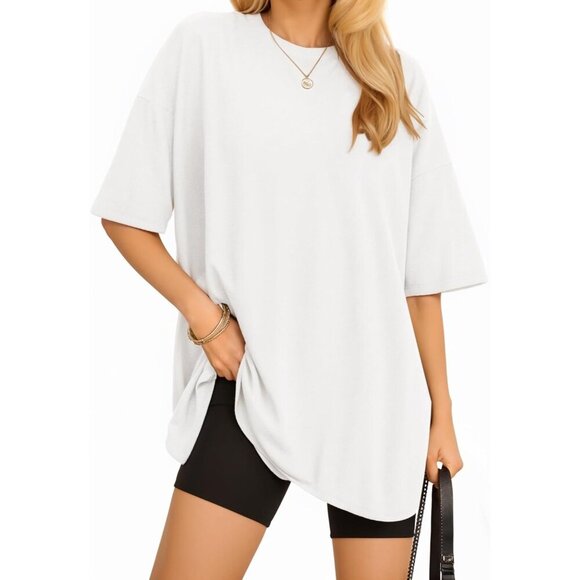 Women's Oversized Cotton Blend T Shirt Crew Neck Short Sleeve Casual Top - Picture 2 of 8